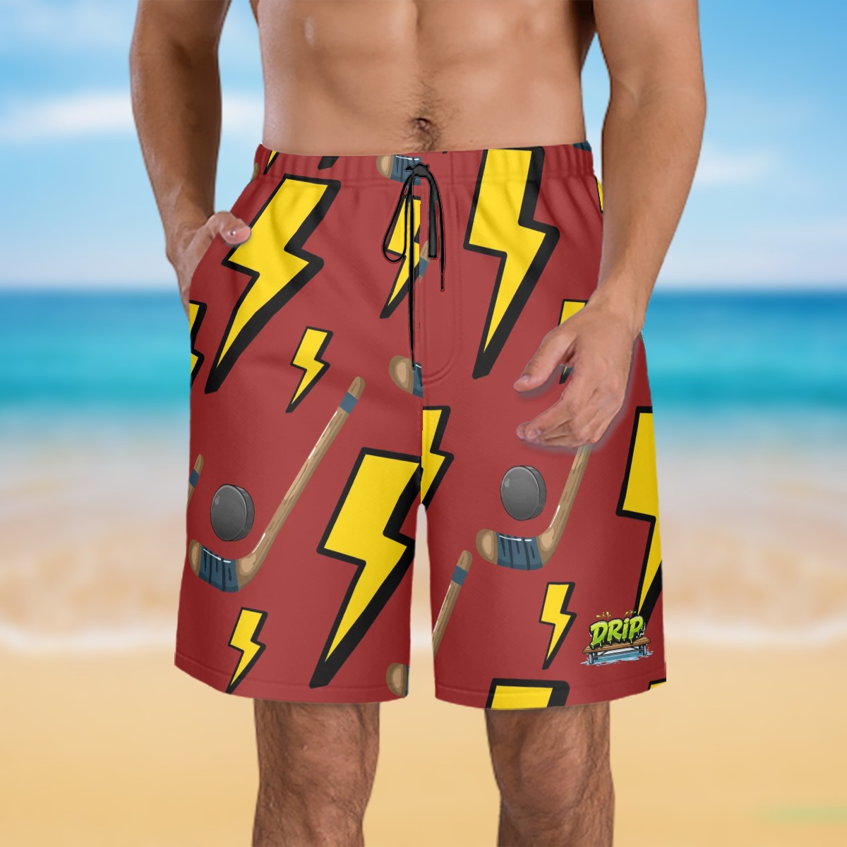 Men/Teen Swim Shorts - Lightning Bolts and Hockey Sticks Classic Red