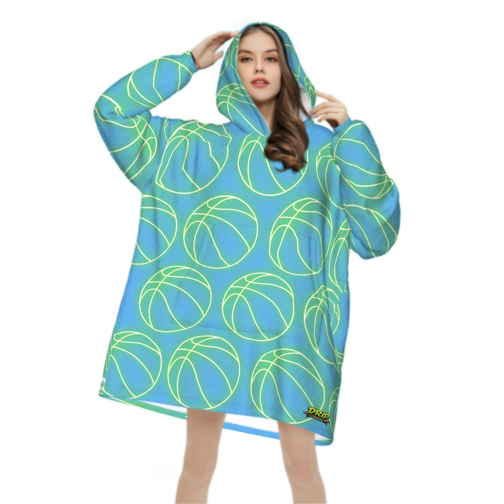 Adult Blanket Sweatshirt - Neon Basketballs Blue