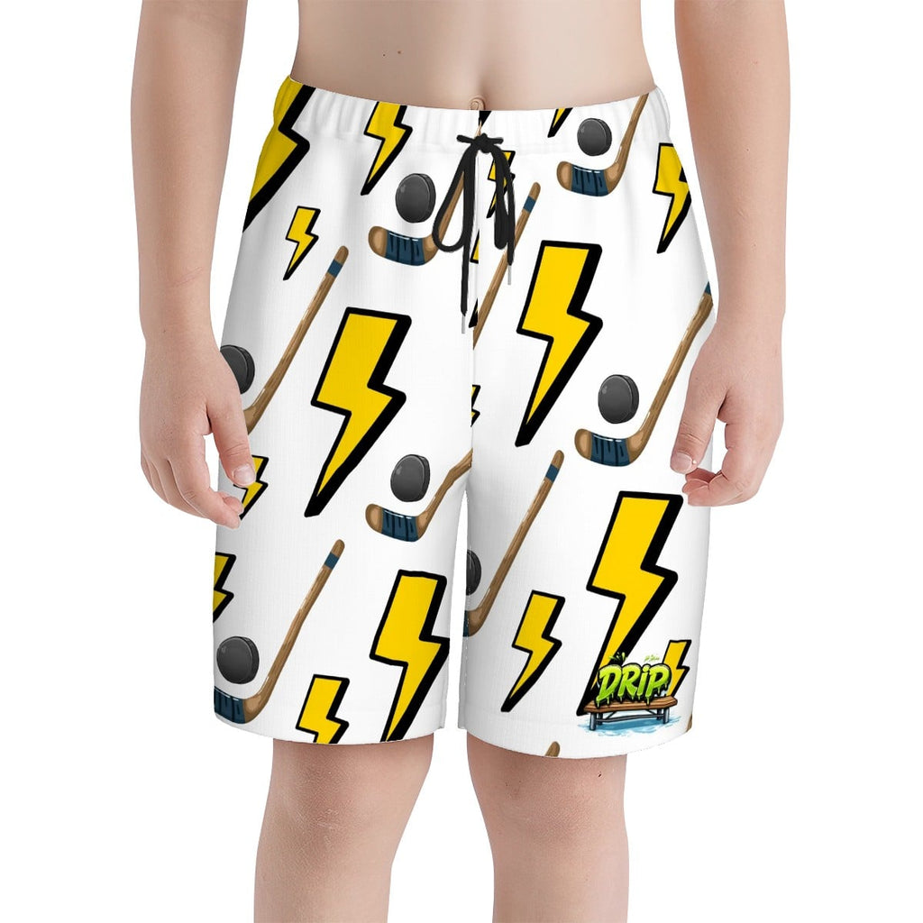 Youth Swim Shorts - Lightning Bolts and Hockey Sticks White
