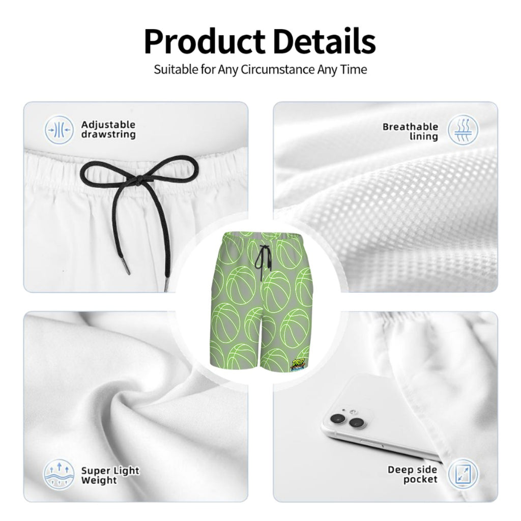 Youth Swim Shorts - Neon Basketballs Grey