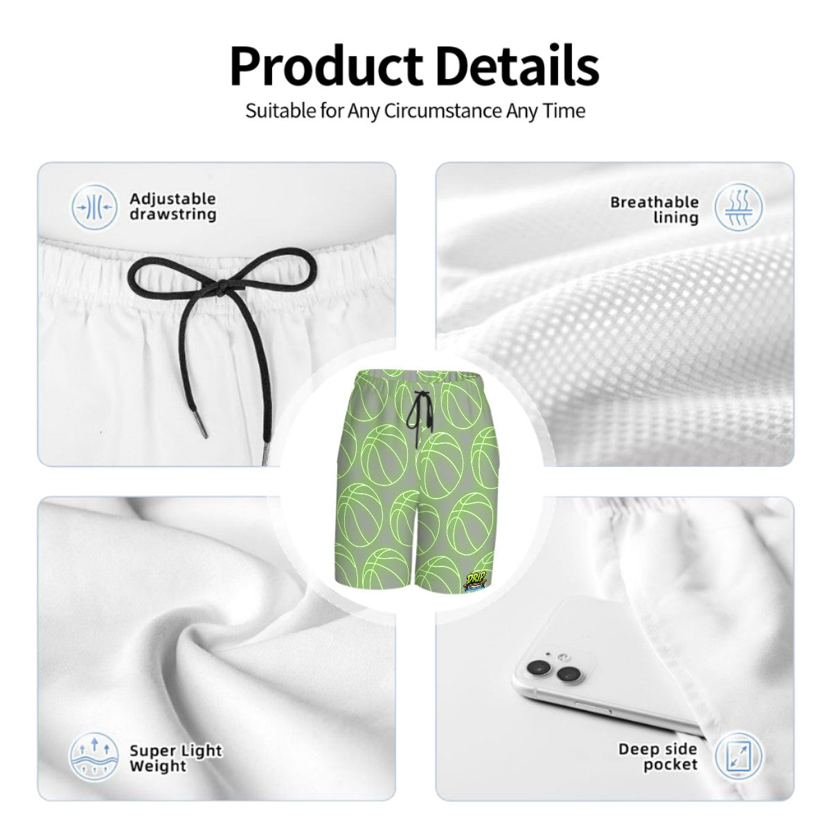 Youth Swim Shorts - Neon Basketballs Grey