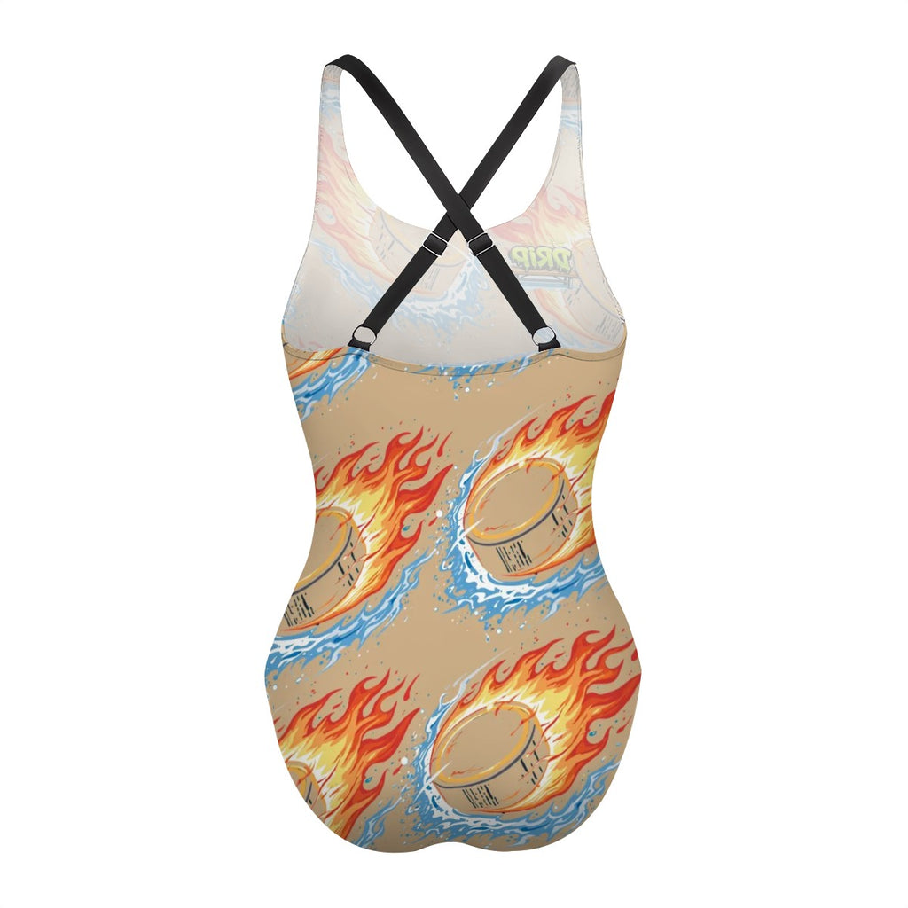 Cross-Back One Piece Swimsuit Women - Flamin Hockey Pucks Beige