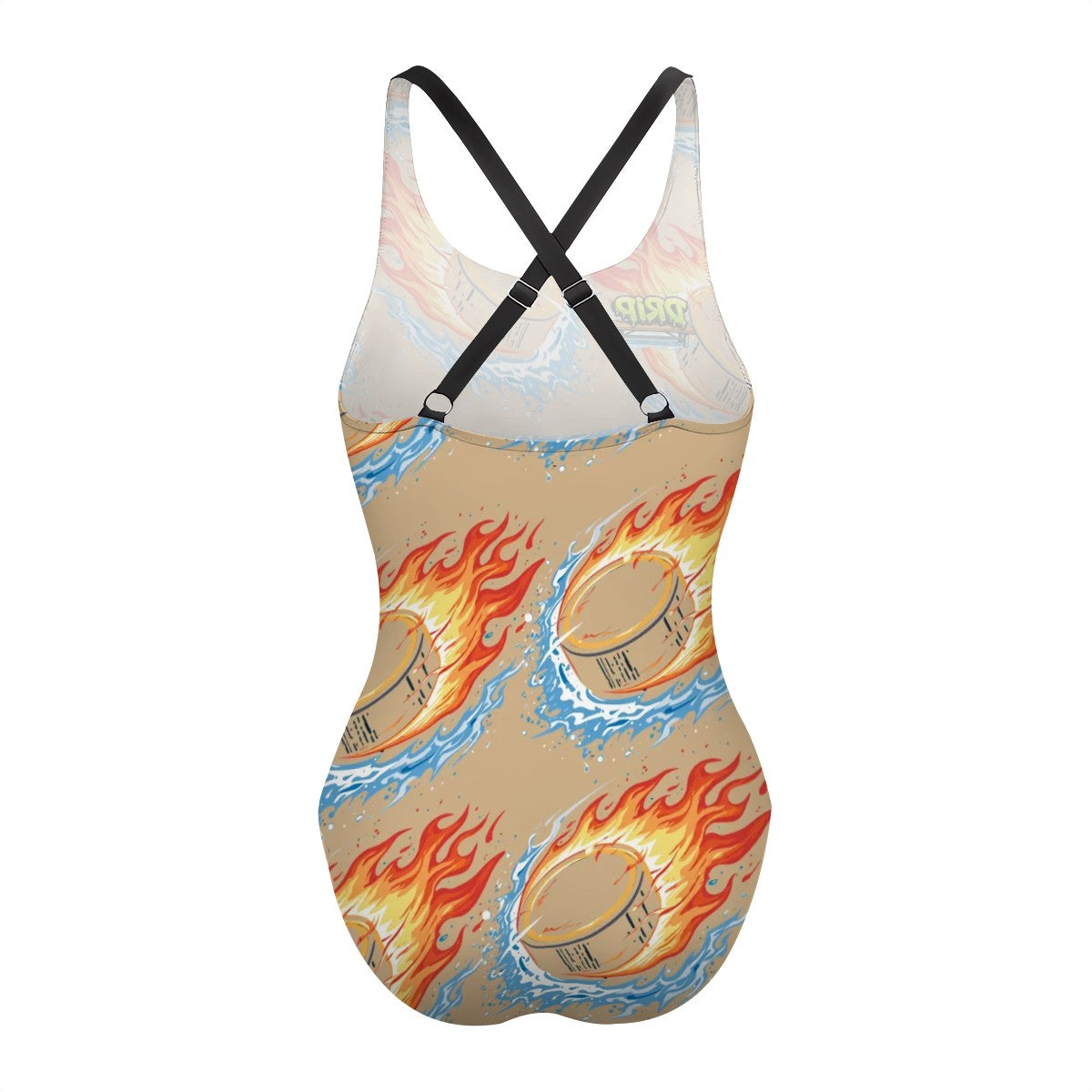 Cross-Back One Piece Swimsuit Women - Flamin Hockey Pucks Beige
