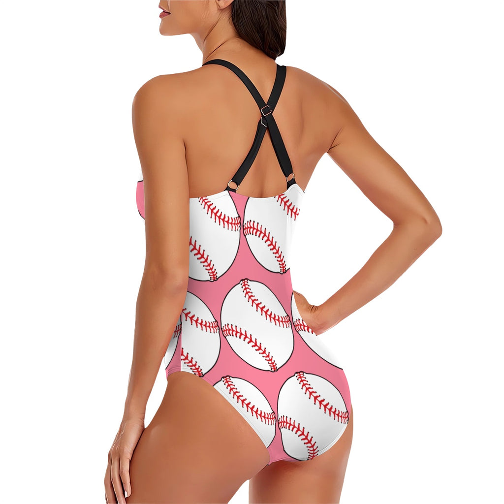 Cross-Back One Piece Swimsuit Women - Classic Baseball Pink