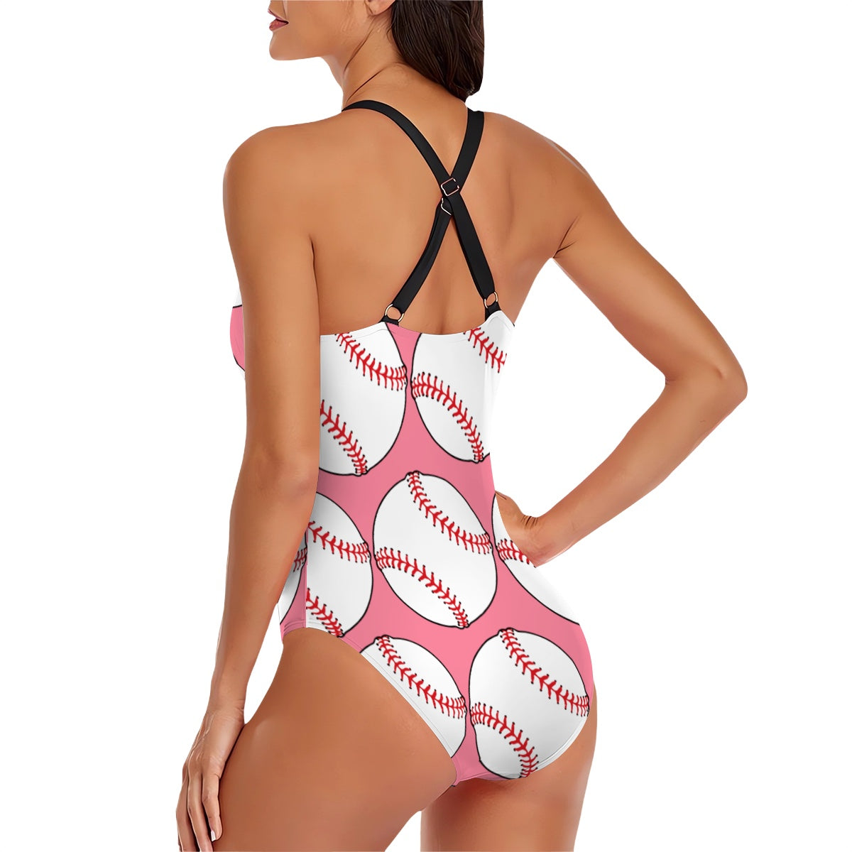 Cross-Back One Piece Swimsuit Women - Classic Baseball Pink
