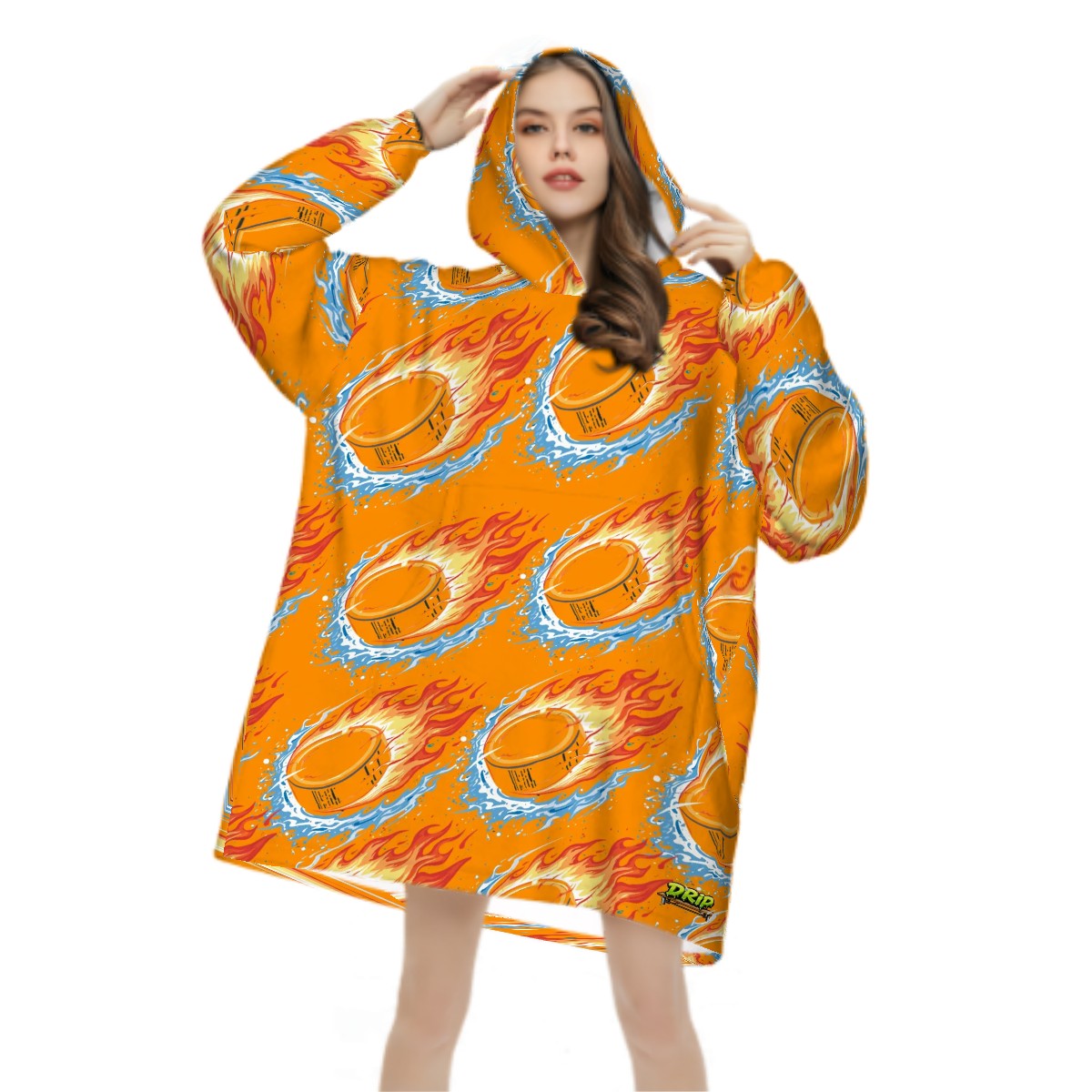 Adult Blanket Sweatshirt - Flamin Hockey Pucks Orange