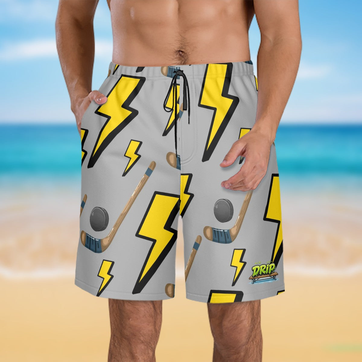 Men/Teen Swim Shorts - Lightning Bolts and Hockey Sticks Grey