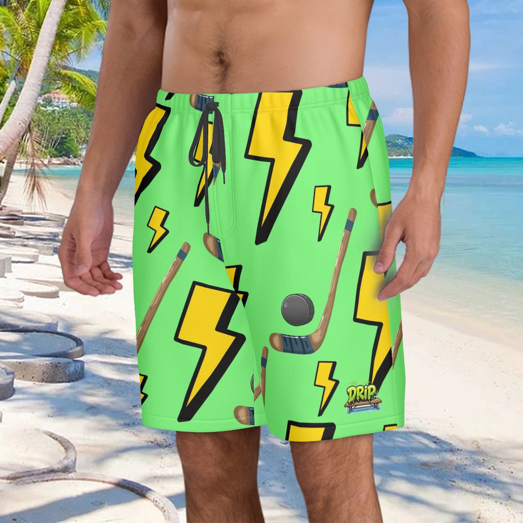Men/Teen Swim Shorts - Lightning Bolts and Hockey Sticks Hot Green