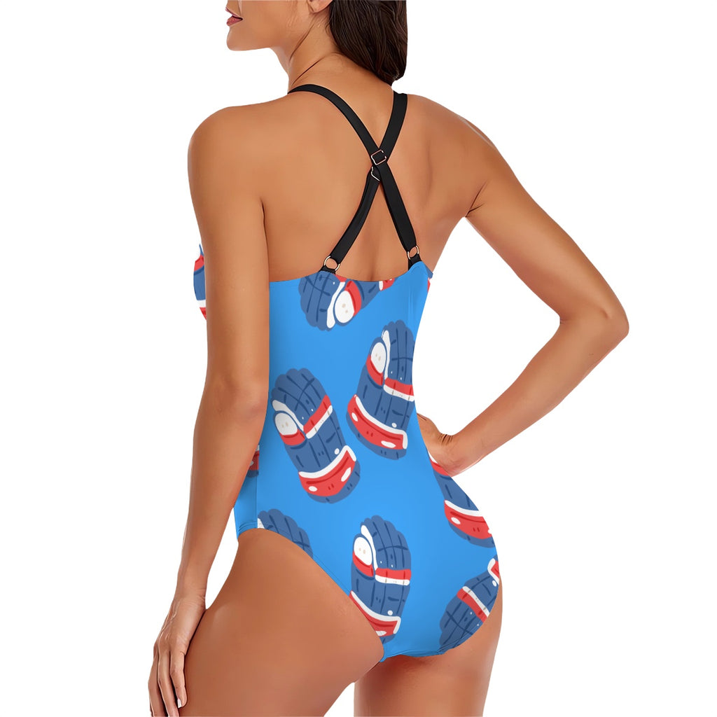 Cross-Back One Piece Swimsuit Women - Blue Hockey Gloves