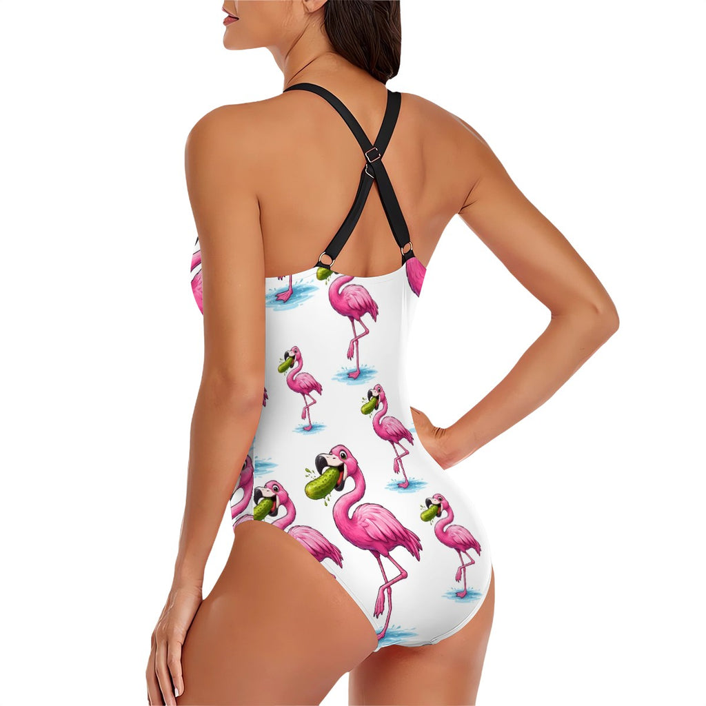 Cross-Back One Piece Swimsuit Women - Pickle Flamingo White