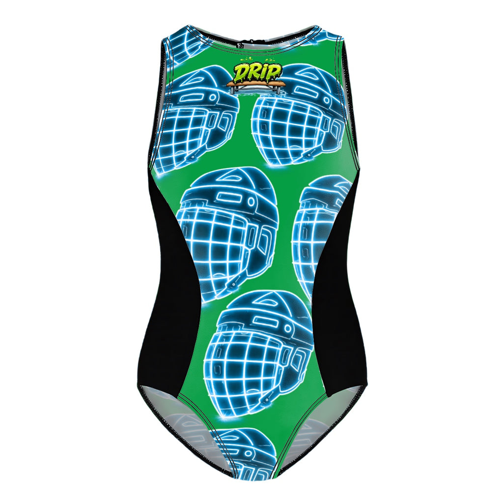 Girls One Piece Swimsuits - Hockey Helmet Neon Blue Green