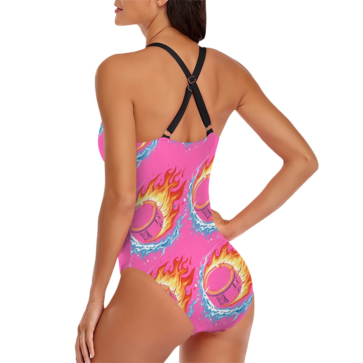 Cross-Back One Piece Swimsuit Women - Flamin Hockey Pucks Hot Pink