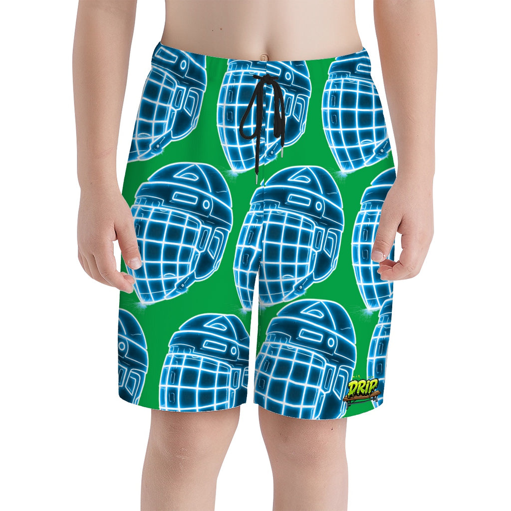 Youth Swim Shorts - Hockey Helmet Neon Blue Green