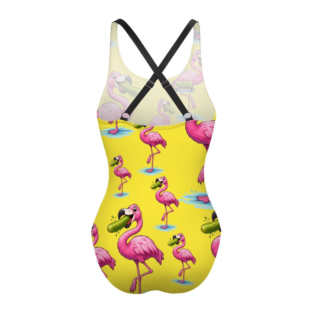 Cross-Back One Piece Swimsuit Women - Flamingo Pickle Yellow
