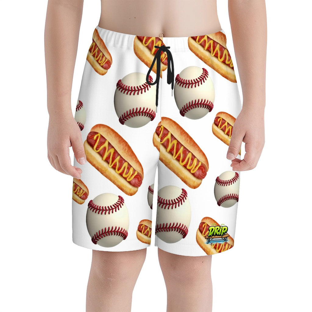 Youth Swim Shorts - Baseballs and Hot Dogs White