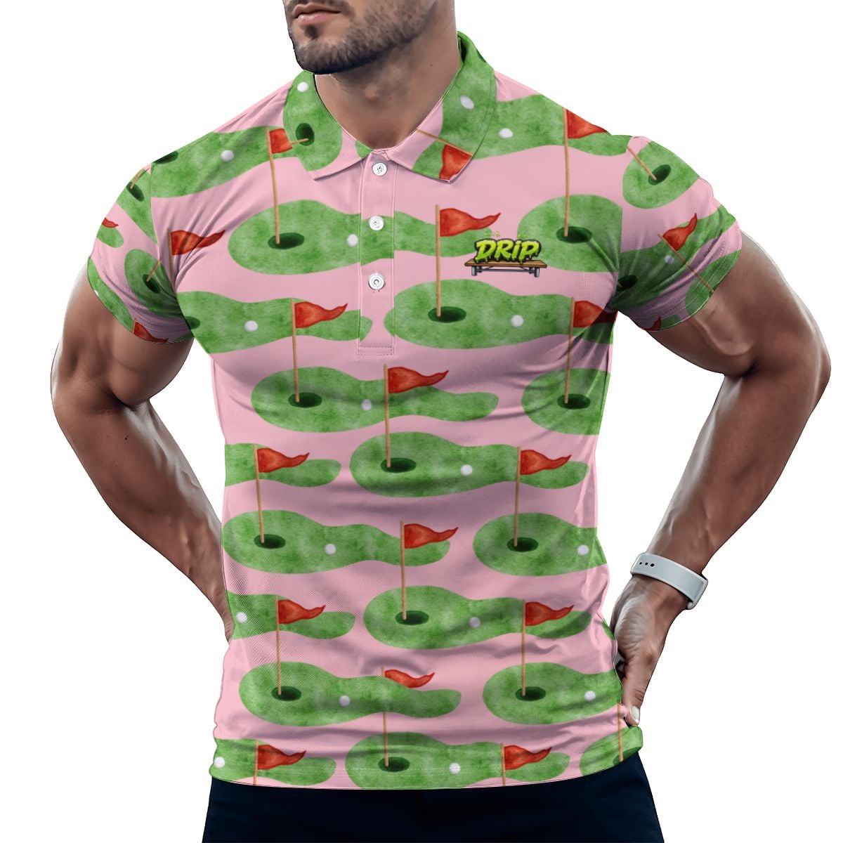 Uncle Golf Shirt - Green Hole Flag Sketch Pink