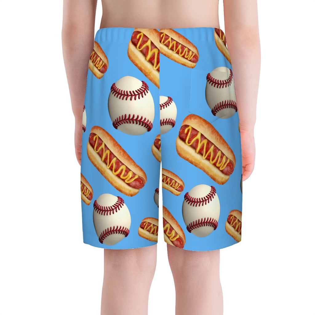 Youth Swim Shorts - Baseball and Hotdogs Blue