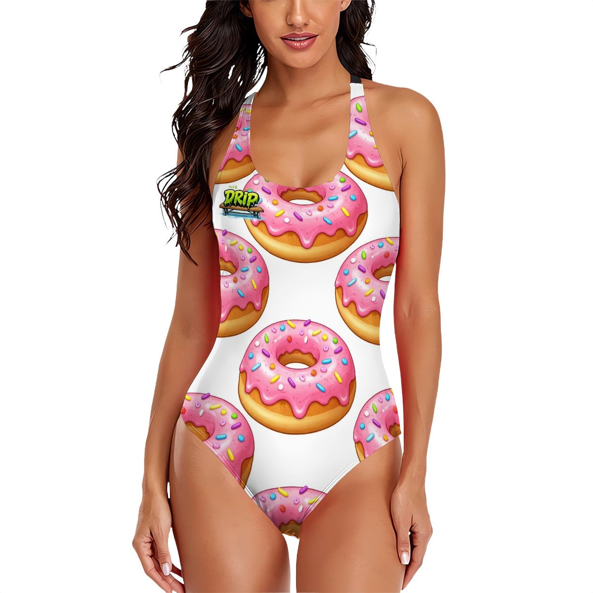 Cross-Back One Piece Swimsuit Women - Pink Donuts White