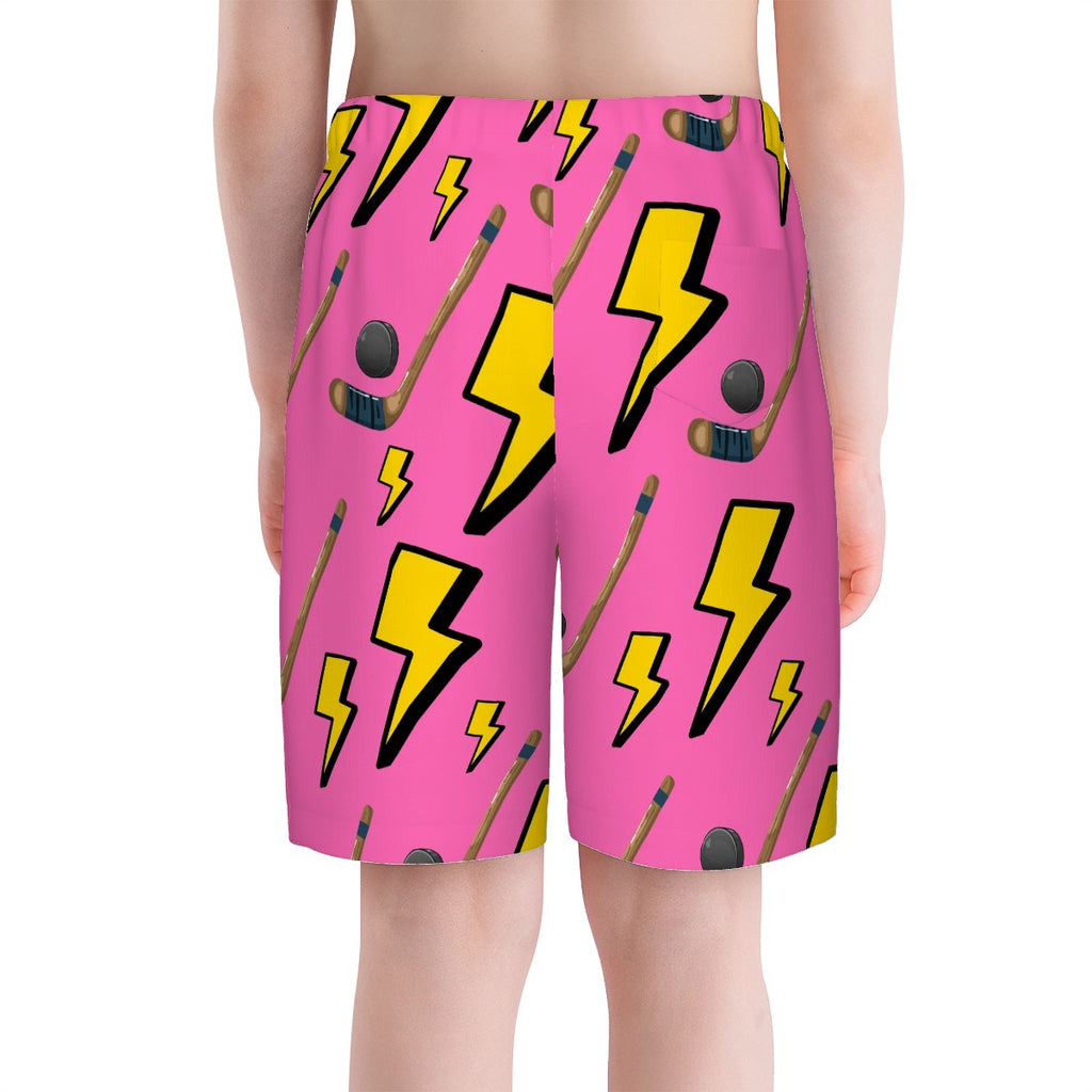 Youth Swim Shorts - Lightning Bolts and Hockey Sticks Hot Pink