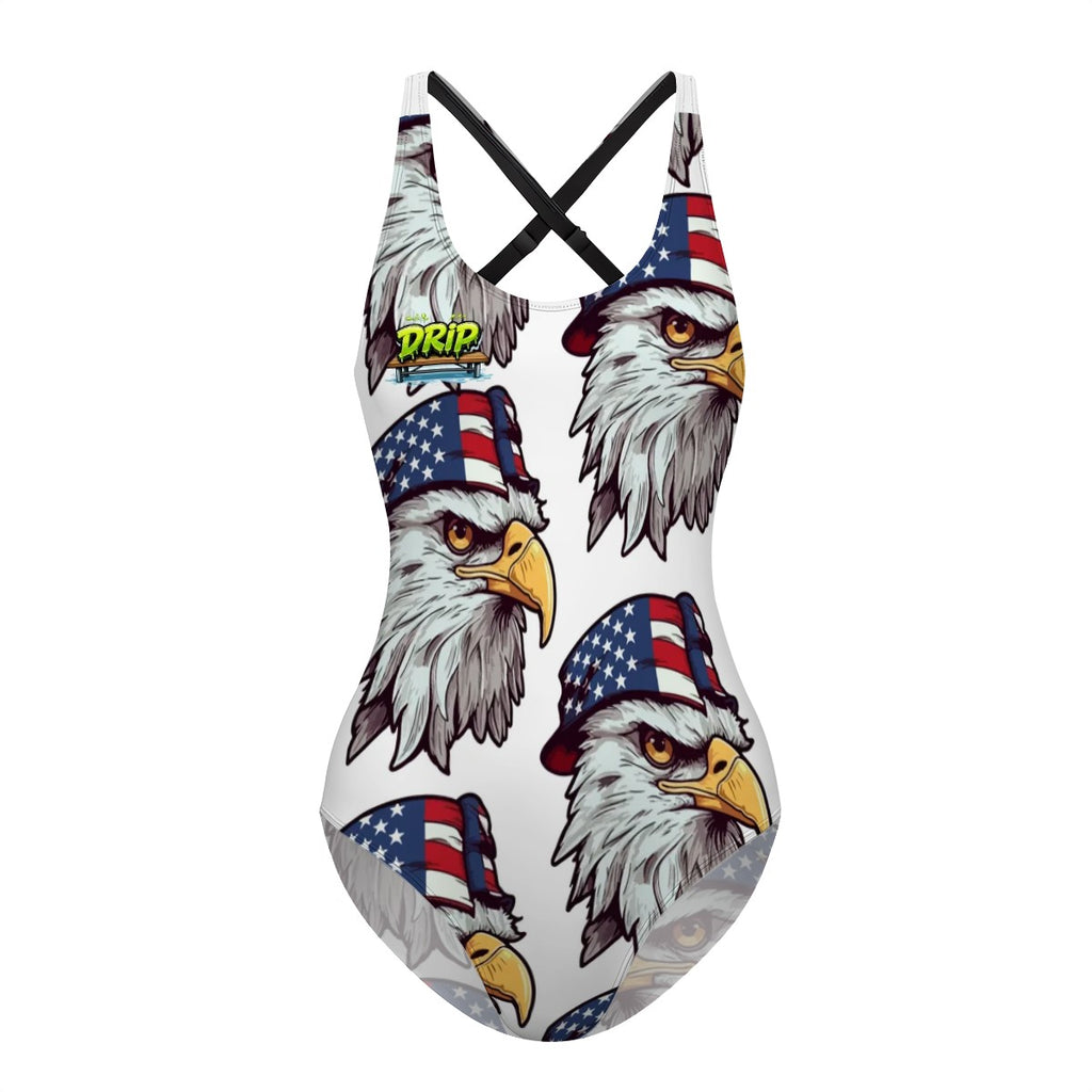 Cross-Back One Piece Swimsuit Women - Eagles Fly White