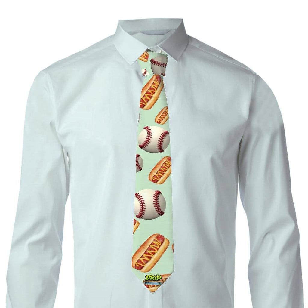 Game Day Tie - Baseballs and Hotdogs Pastel Green