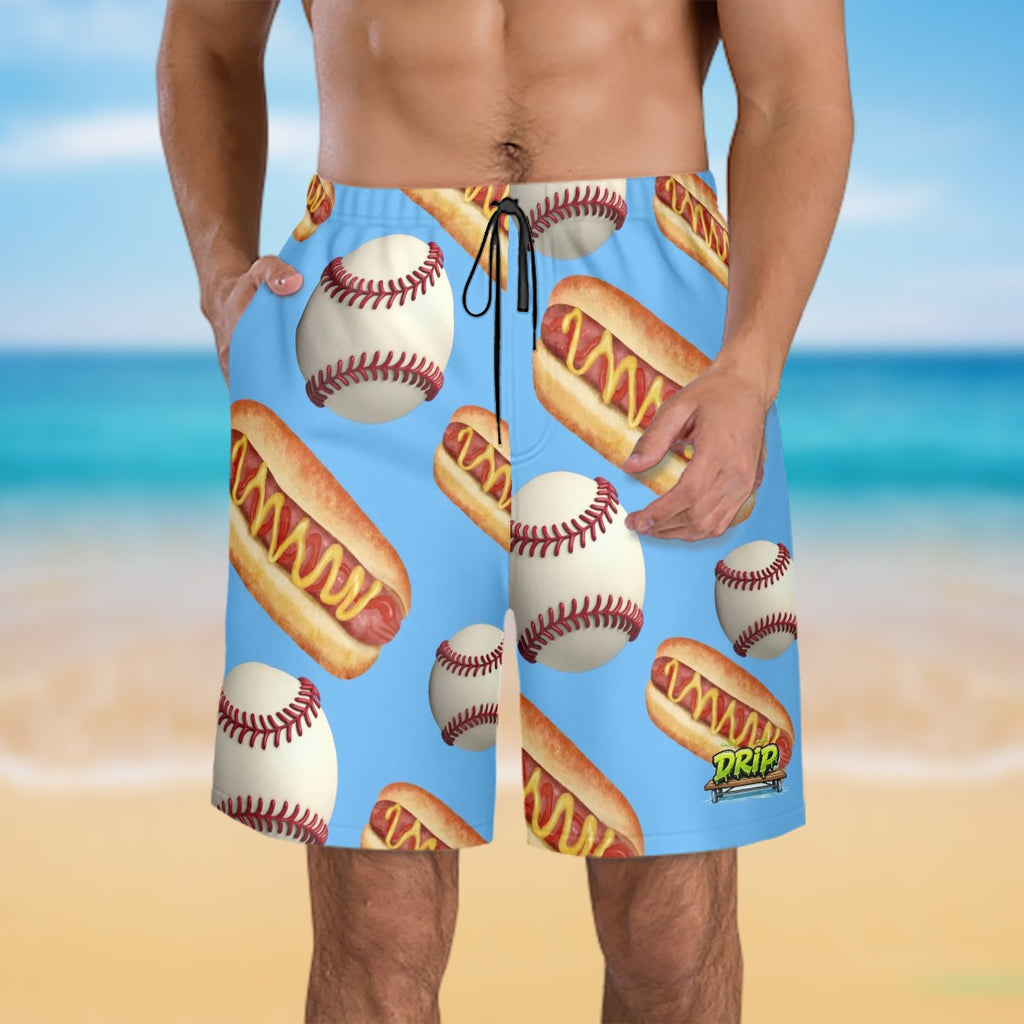 Men/Teen Swim Shorts - Baseballs and Hotdogs Blue