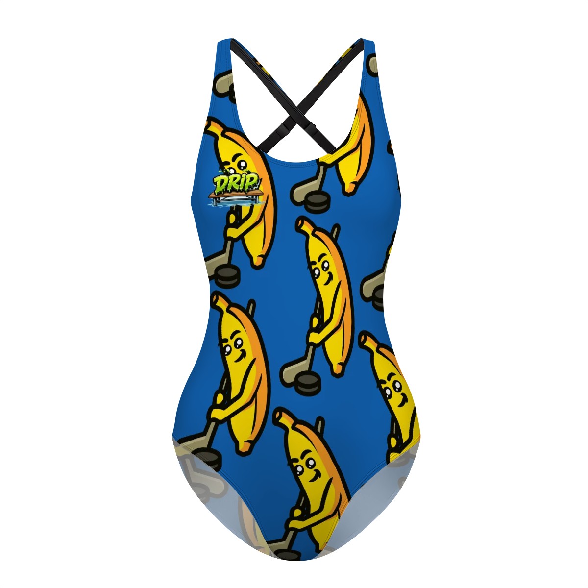 Cross-Back One Piece Swimsuit Women - Bananas about Hockey Dark Blue