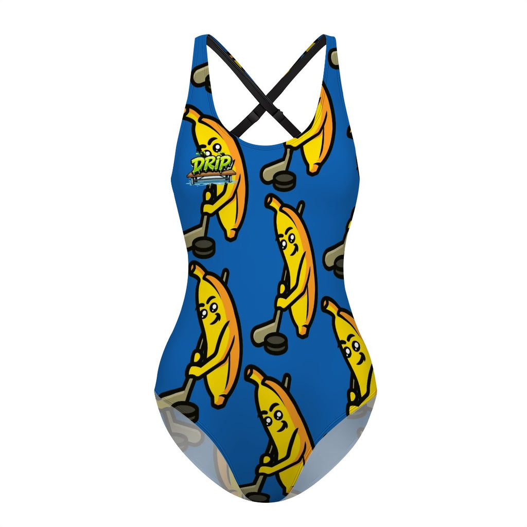 Cross-Back One Piece Swimsuit Women - Bananas about Hockey Dark Blue