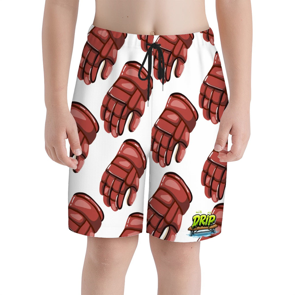 Youth Swim Shorts - Red Hockey Gloves White