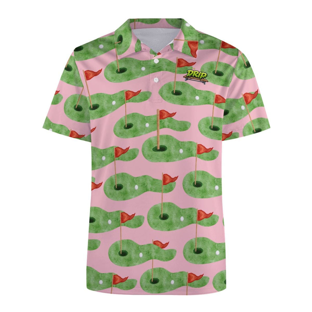 Uncle Golf Shirt - Green Hole Flag Sketch Pink