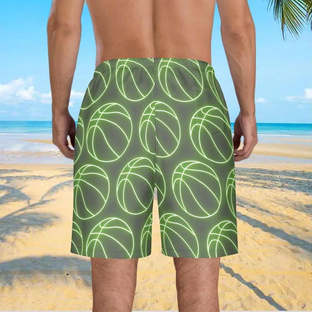 Men/Teen Swim Shorts - Neon Green Basketballs Charcoal