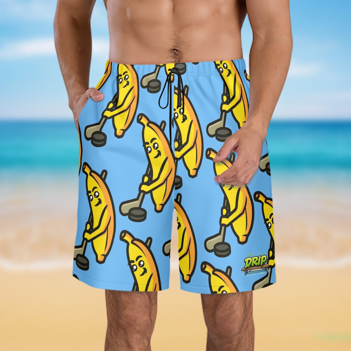 Men/Teen Swim Shorts - Bananas for Hockey Sky Blue