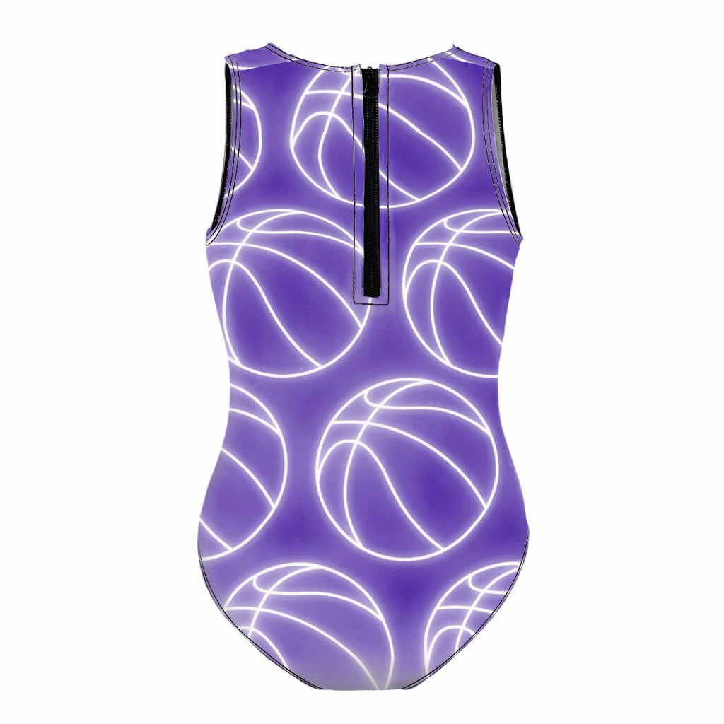 Girls One Piece Swimsuits - Neon White Basketballs Purple