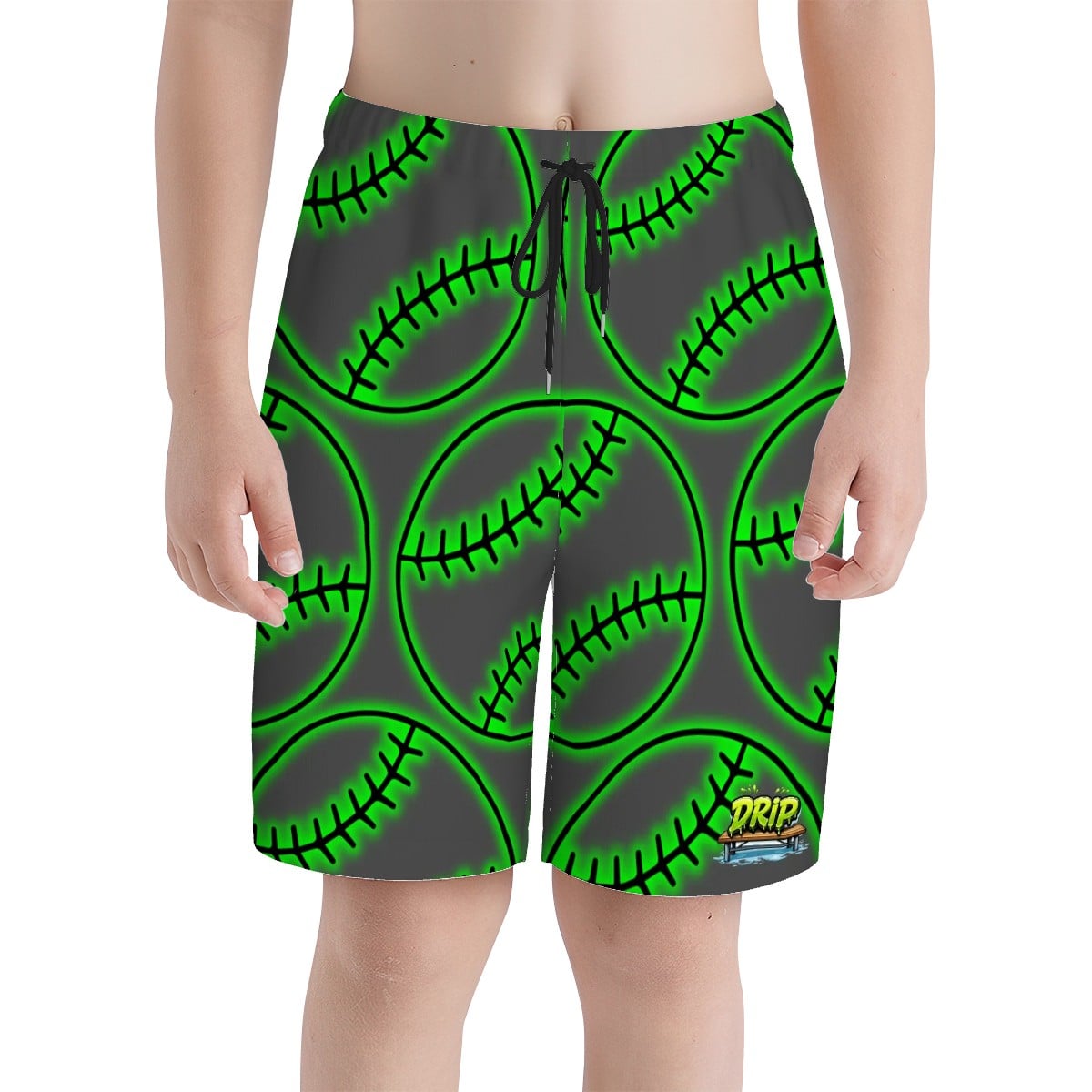 Youth Swim Shorts - Neon Green Baseballs Charcoal