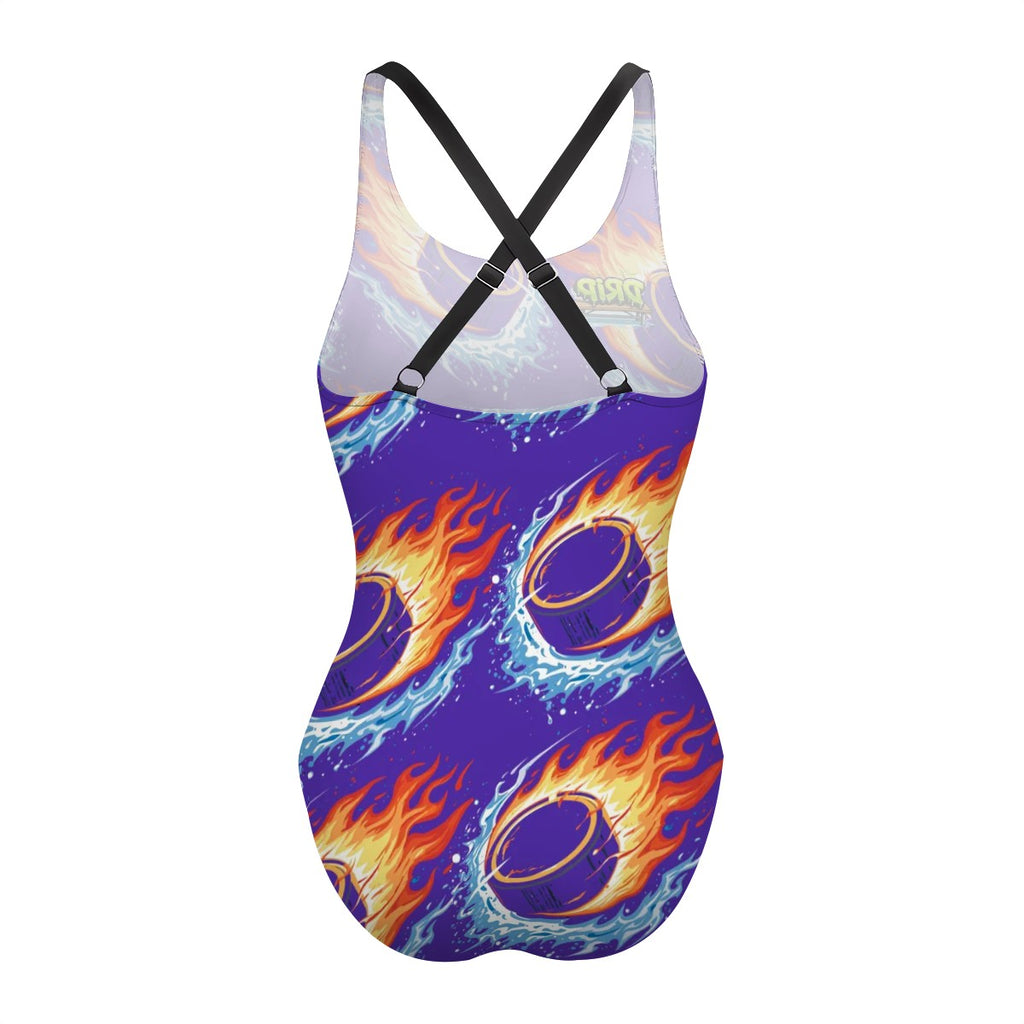 Cross-Back One Piece Swimsuit Women - Flamin Hockey Puck Royal Purple