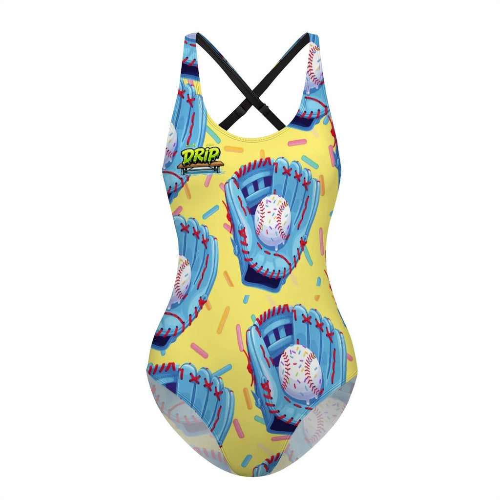 Cross-Back One Piece Swimsuit Women - Baseball Sprinkle Drip Yellow