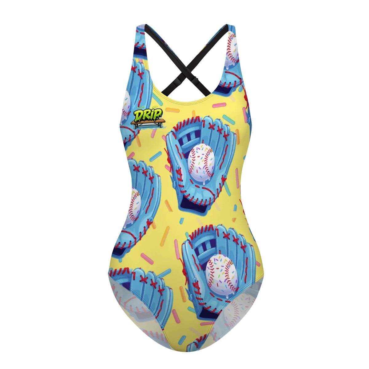 Cross-Back One Piece Swimsuit Women - Baseball Sprinkle Drip Yellow