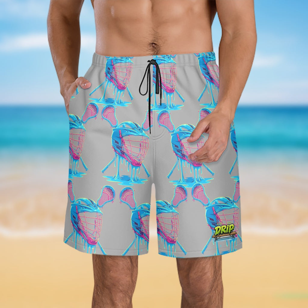 Men/Teen Swim Shorts - Lacrosse Helmet Sticks Grey