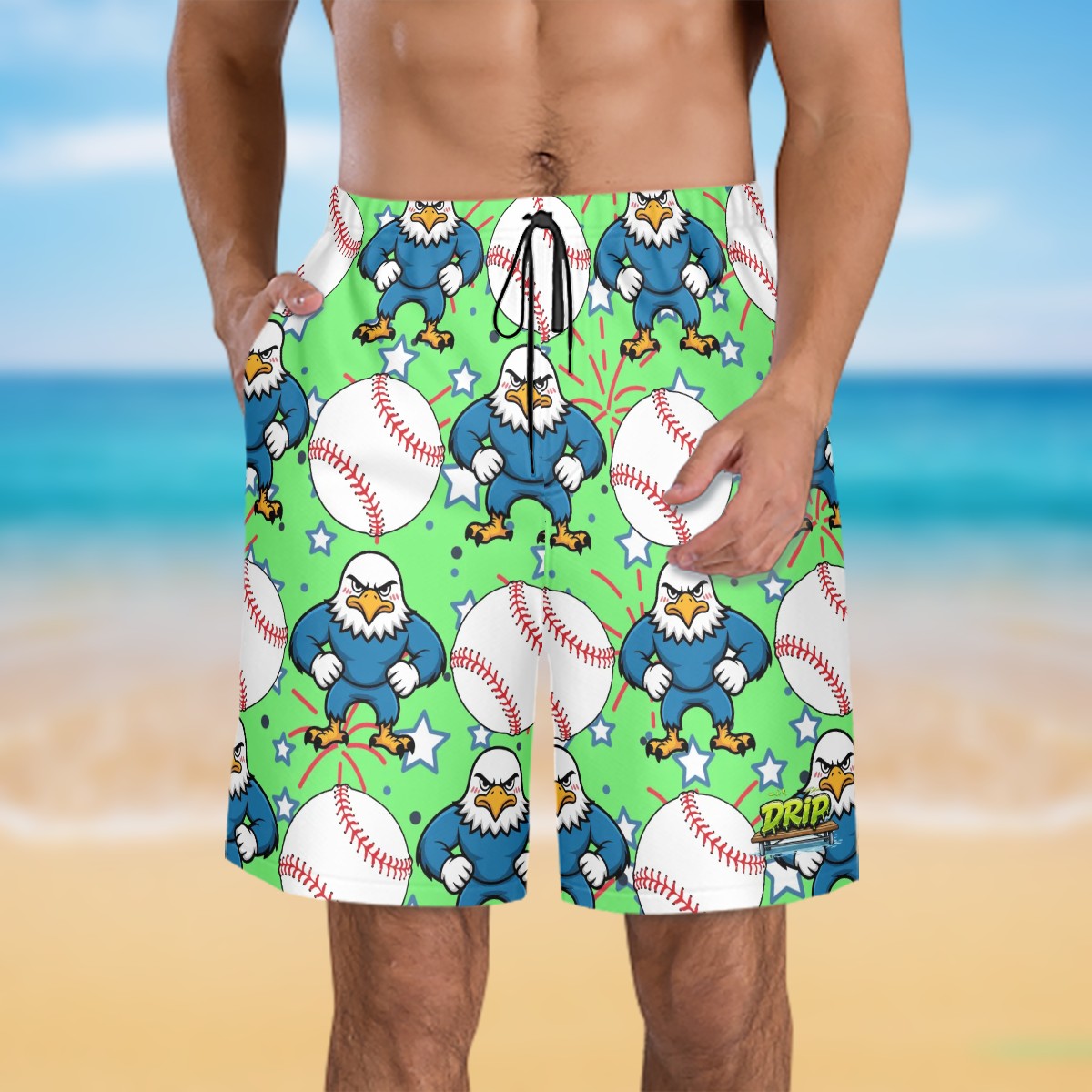 Men/Teen Swim Shorts - Stars and Strikes Hot Green