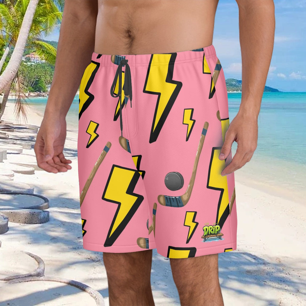 Men/Teen Swim Shorts - Lightning Bolts and Hockey Sticks Pink
