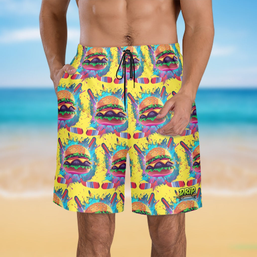 Men/Teen Swim Shorts - Lacrosse Rainbow Drip Yellow