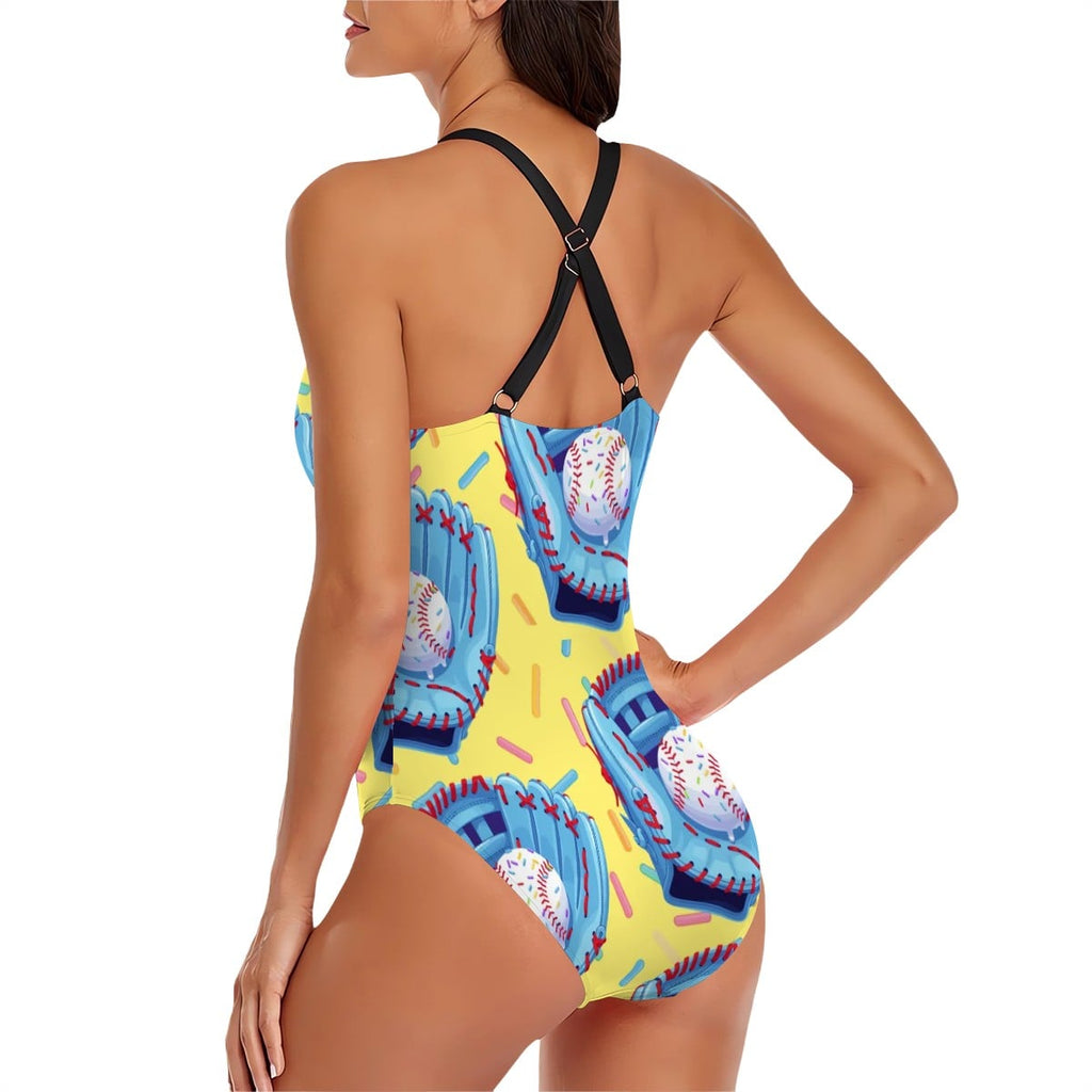 Cross-Back One Piece Swimsuit Women - Baseball Sprinkle Drip Yellow