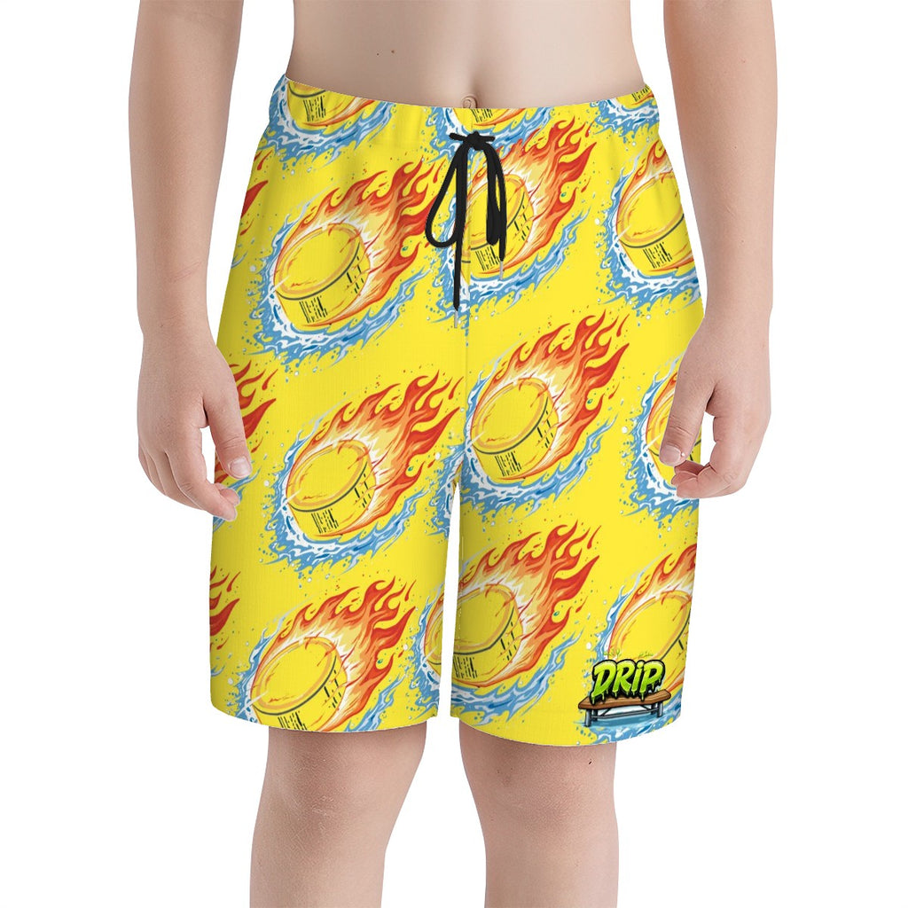 Youth Swim Shorts - Flamin Hockey Pucks Yellow