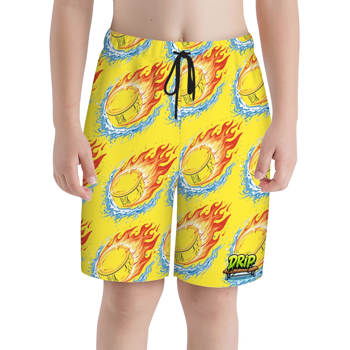 Youth Swim Shorts - Flamin Hockey Pucks Yellow
