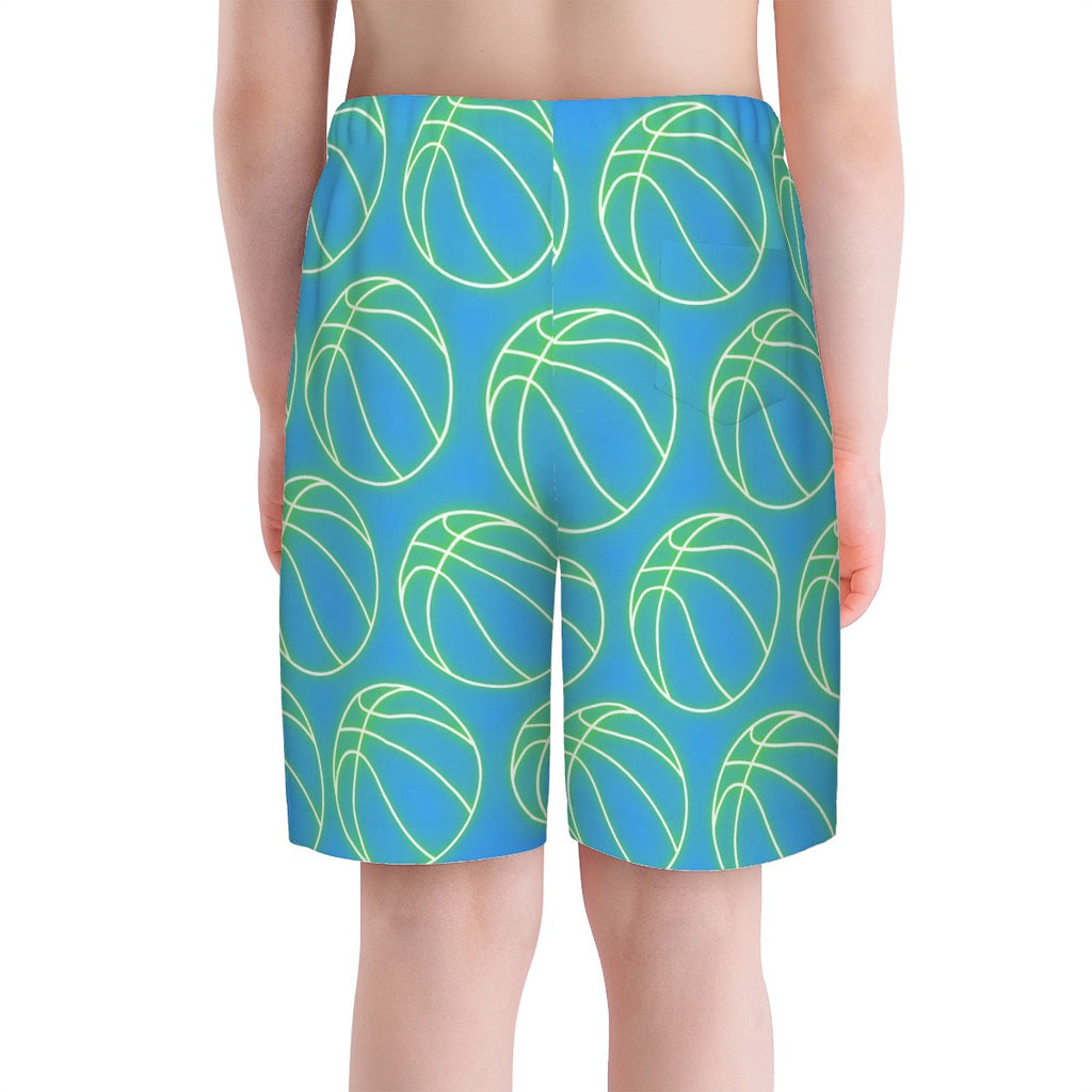 Youth Swim Shorts - Neon Basketballs Blue