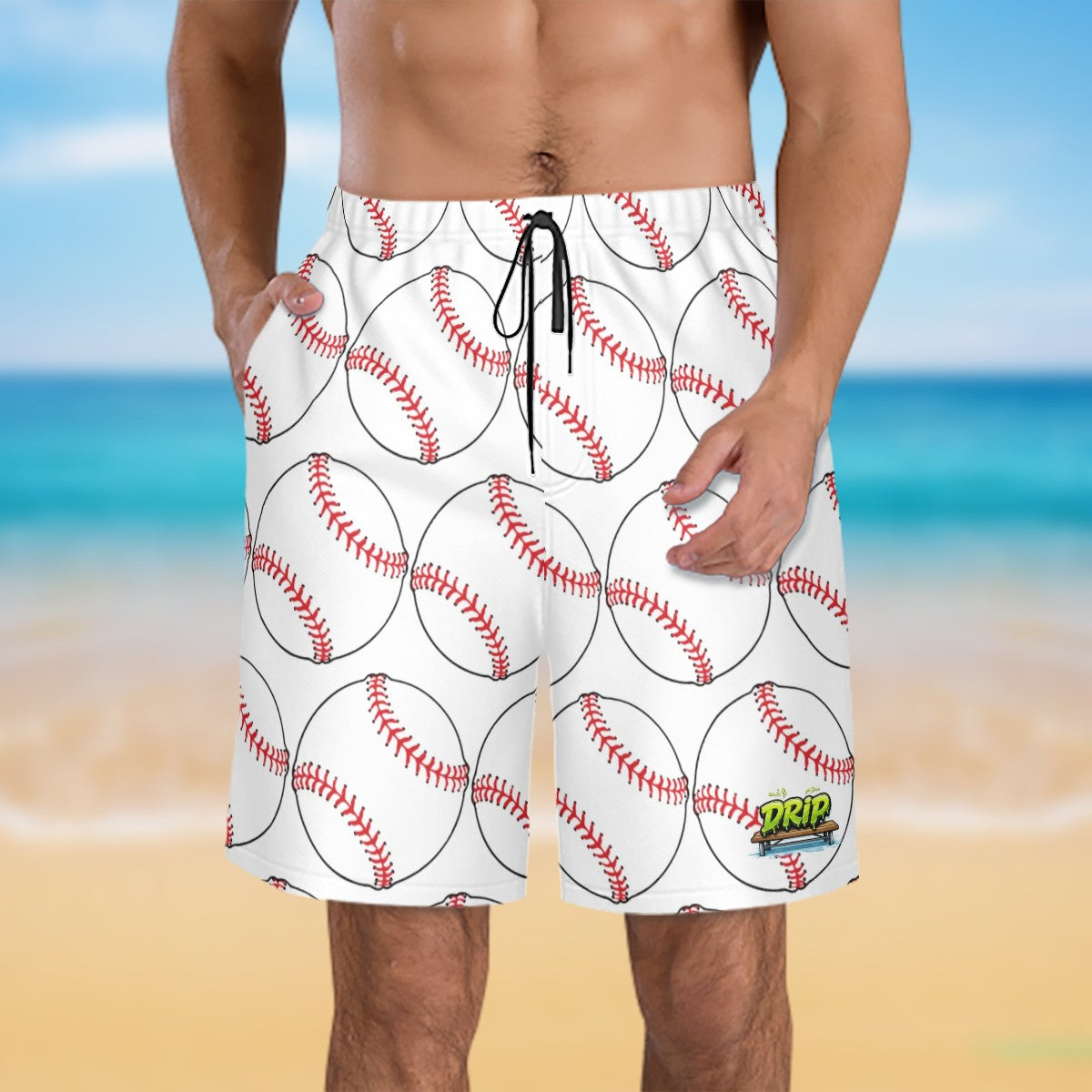 Men/Teen Swim Shorts - Classic Baseball White