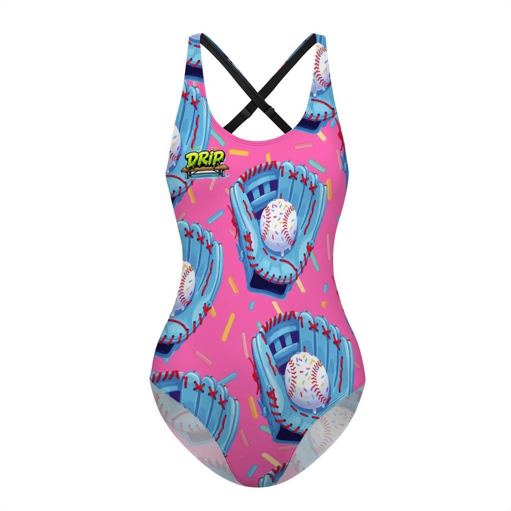 Cross-Back One Piece Swimsuit Women - Baseball Sprinkles Drip Hot Pink