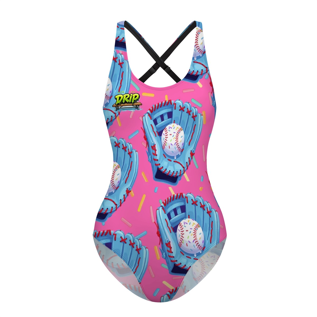 Cross-Back One Piece Swimsuit Women - Baseball Sprinkles Drip Hot Pink