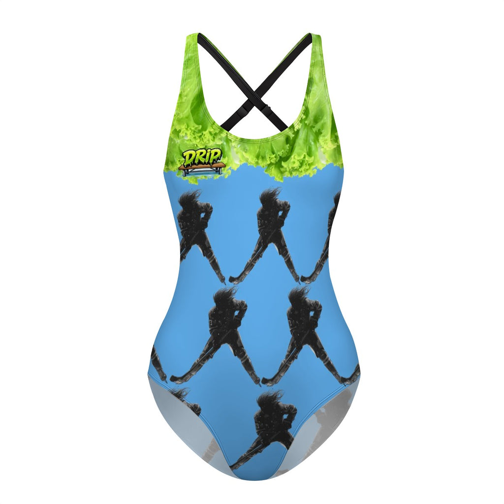 Cross-Back One Piece Swimsuit Women - Lettuce Hockey Hair Flo Blue