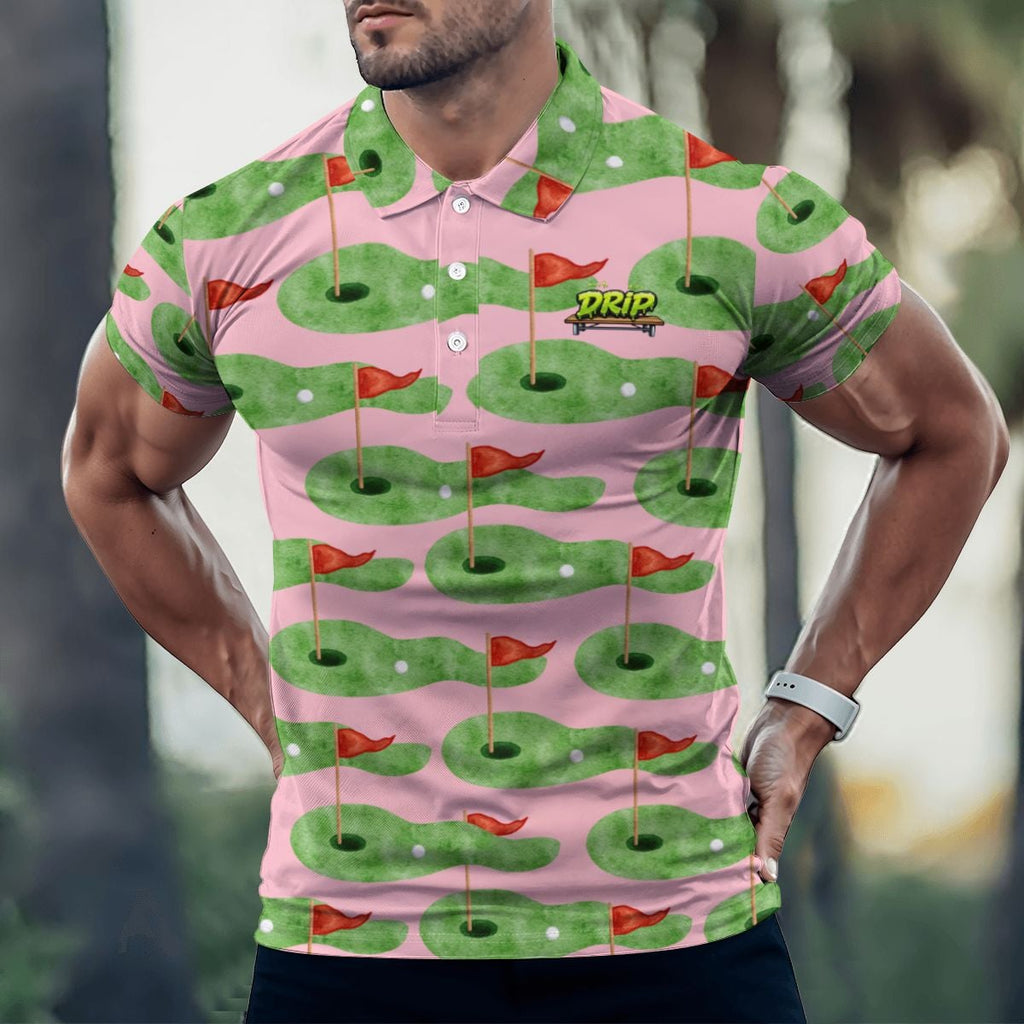 Uncle Golf Shirt - Green Hole Flag Sketch Pink